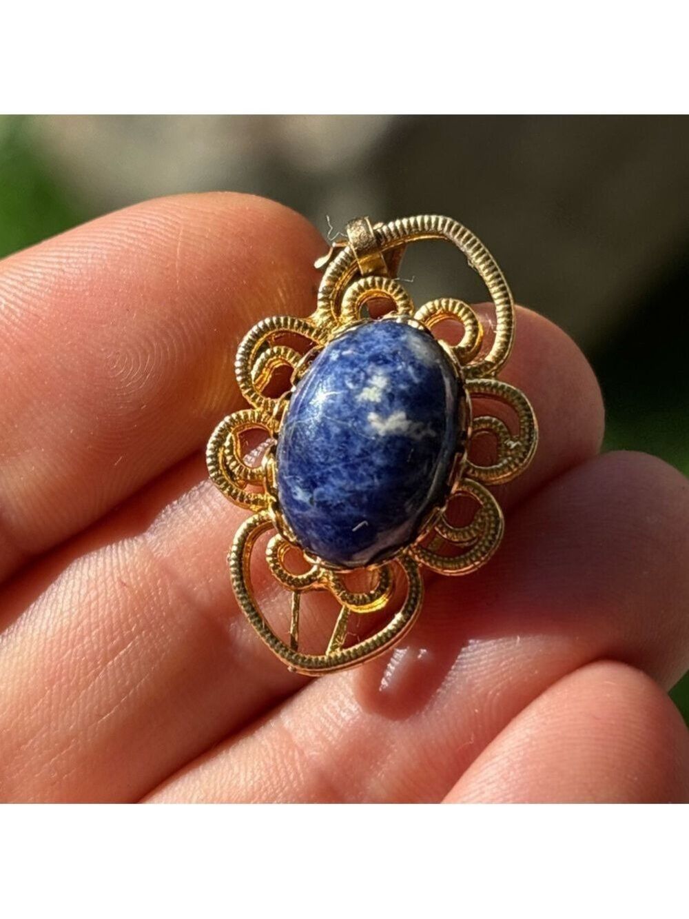 💙 Vintage Sodalite Gold Tone Pendant Necklace • Ornate Timeless Filigree Setting